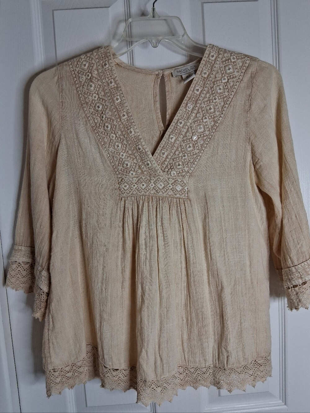 Rachel Zoe Beige Embroidered V-Neck Peasant Boho Top SZ XS
